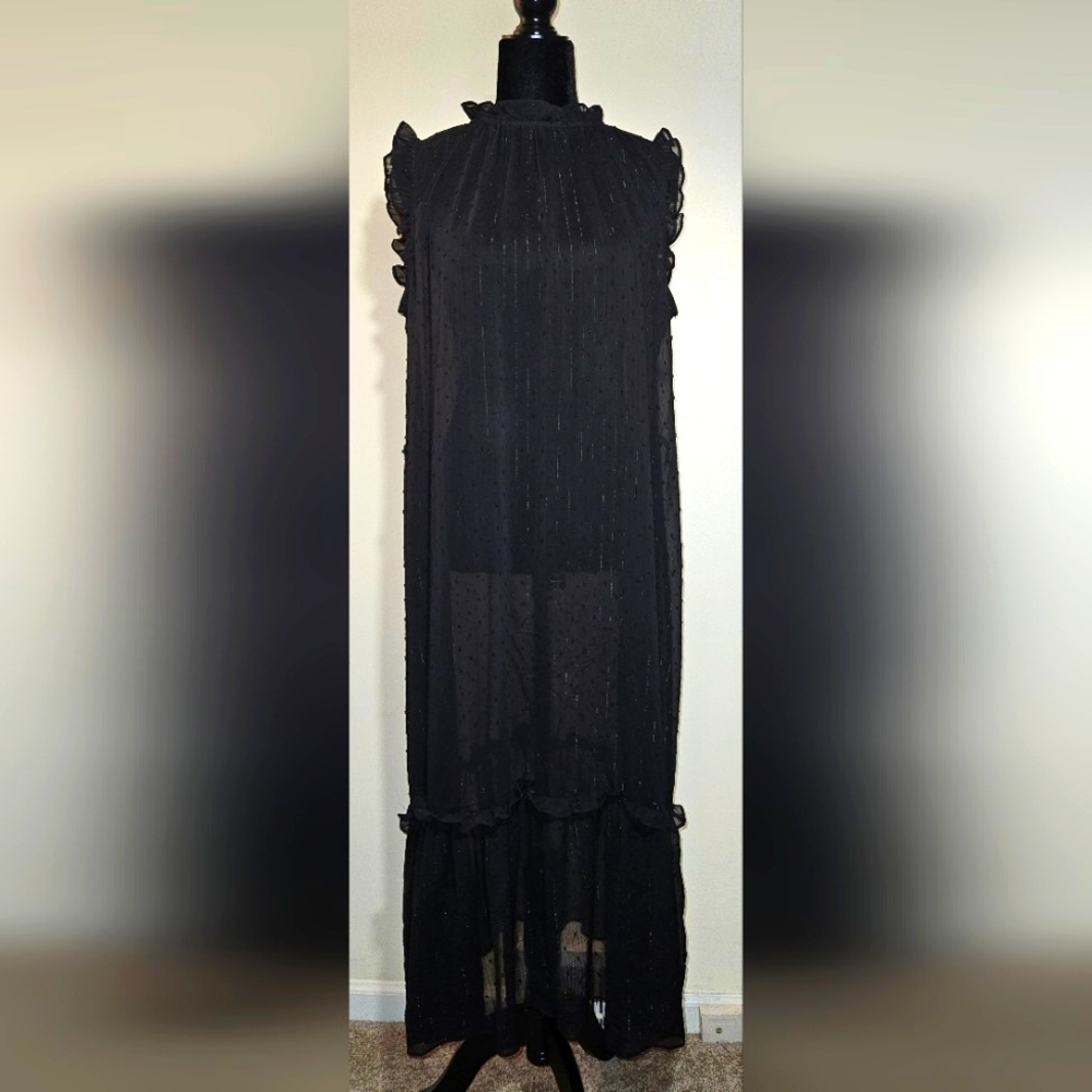 Sheer Maxi Dress, no slip under-Black with silver threads NWOT LG